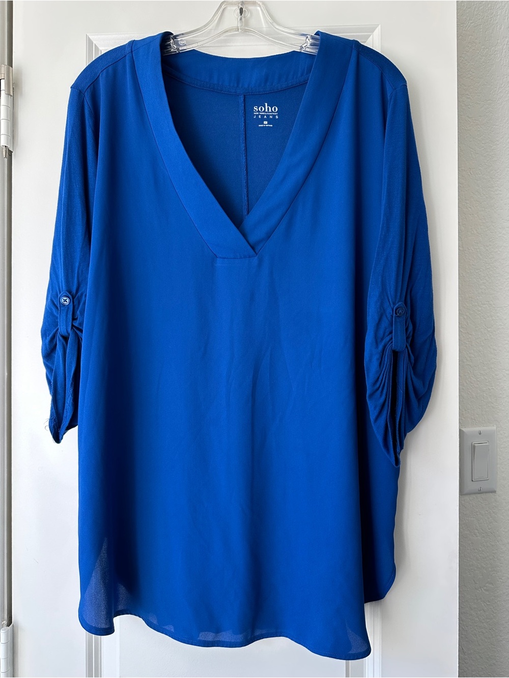 New York Company Royal Blue V Neck Roll Tab Sleeve Blouse Office Chic - Picture 2 of 5